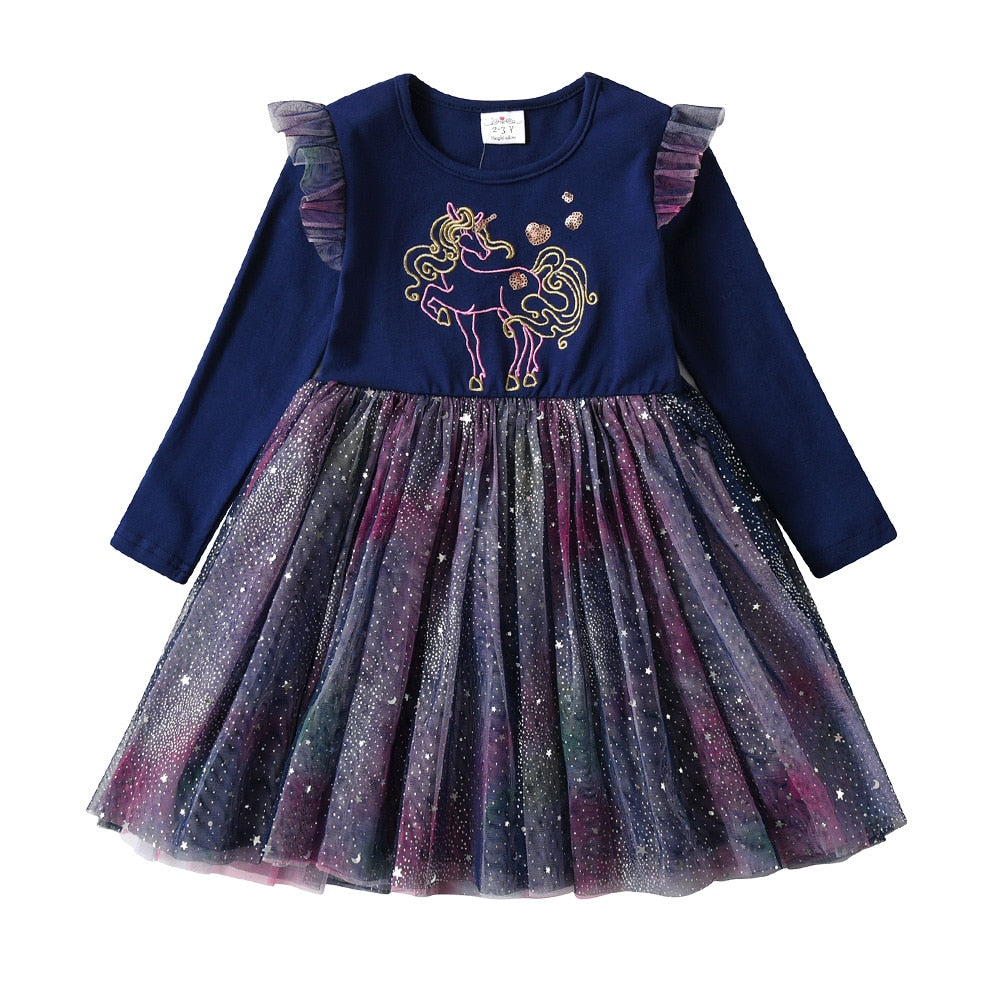 Shape Unicorn Starry Sky Tulle Blue Girl Toddler Tutu Dress for Party Prom Gift