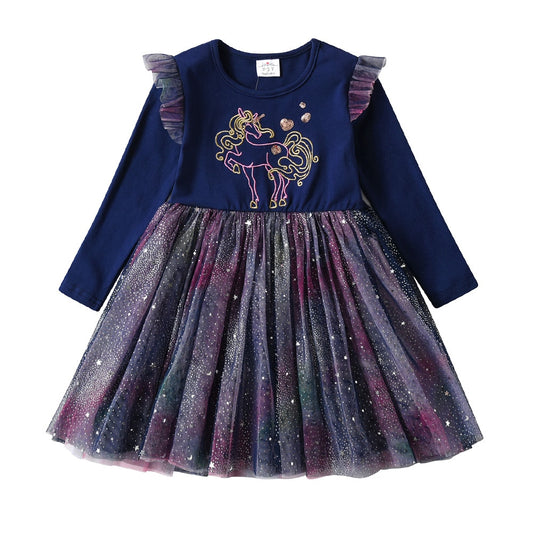 Shape Unicorn Starry Sky Tulle Blue Girl Toddler Tutu Dress for Party Prom Gift