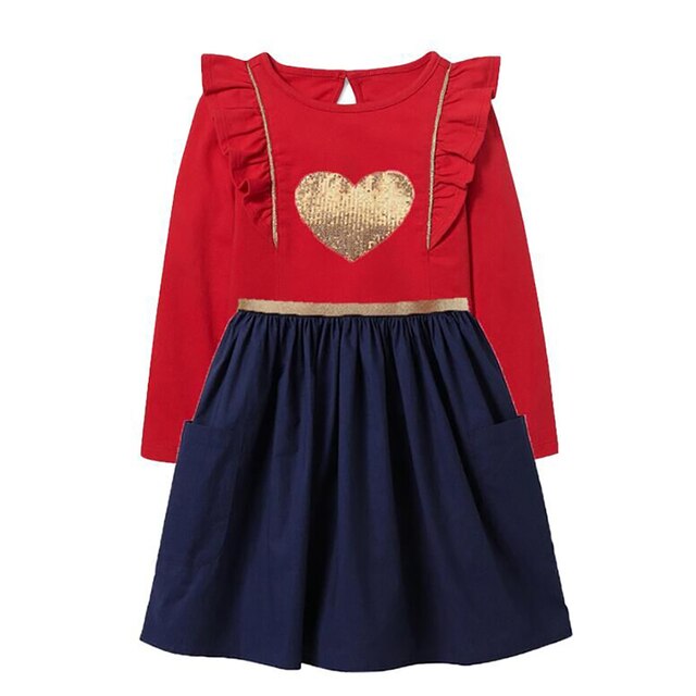 Love Heart Sequins Cotton Gril A Line Long Sleeve Dresses