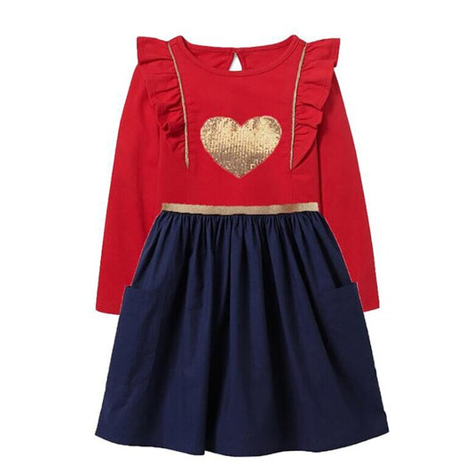 Love Heart Sequins Cotton Gril A Line Long Sleeve Dresses