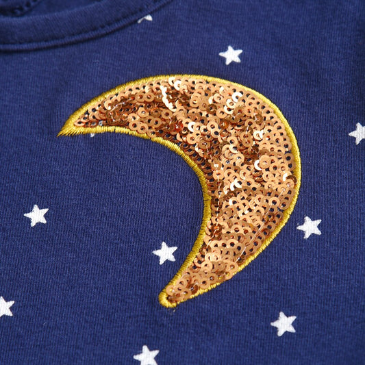 Cute Rabbit & Moon Girl Toddler Long Sleeve Dot Dress