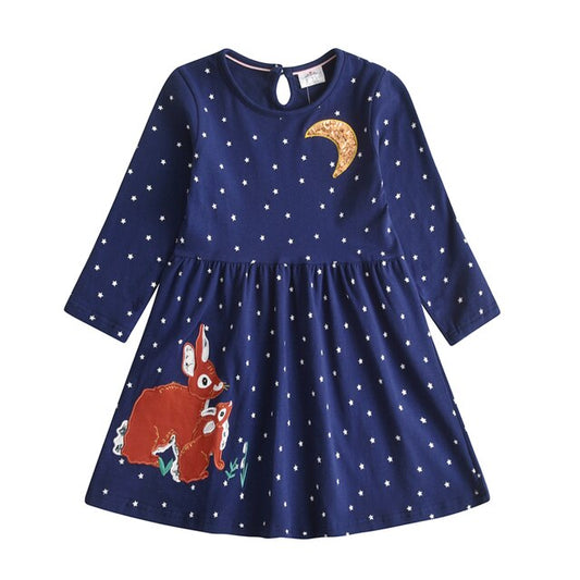 Cute Rabbit & Moon Girl Toddler Long Sleeve Dot Dress