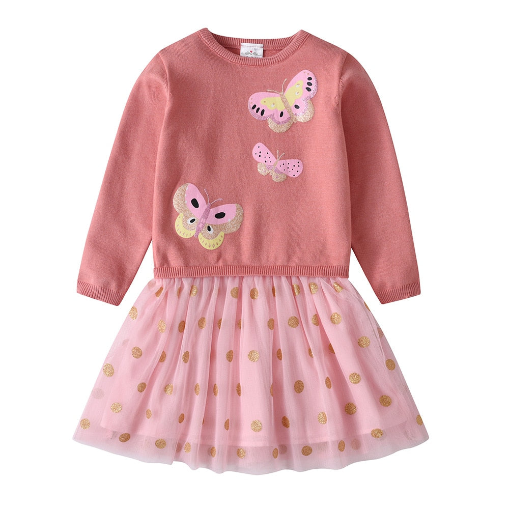 Butterfly Pattern Bot Tulle Girl Toddler Sweater Dress for Winter