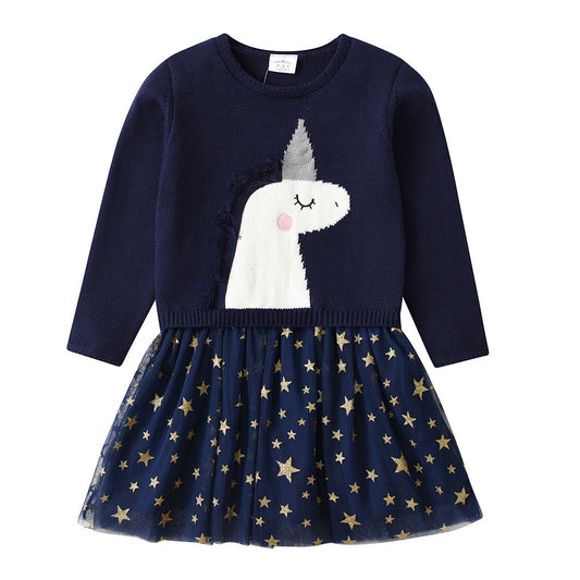 Cartoon Unicorn Star Printed Tulle Girl Toddler Long Sleeve Sweater Dress