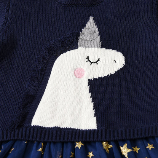 Cartoon Unicorn Star Printed Tulle Girl Toddler Long Sleeve Sweater Dress