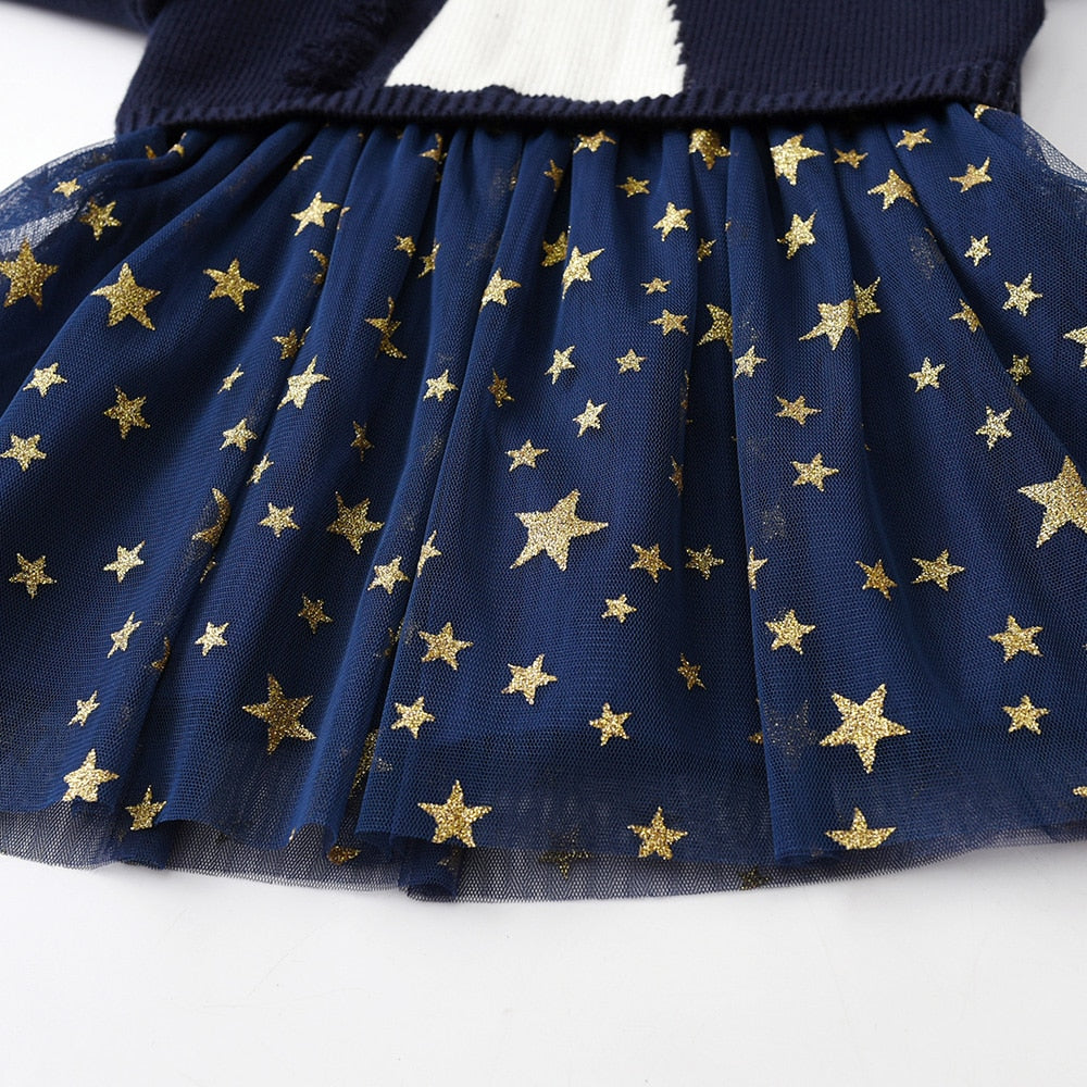 Cartoon Unicorn Star Printed Tulle Girl Toddler Long Sleeve Sweater Dress