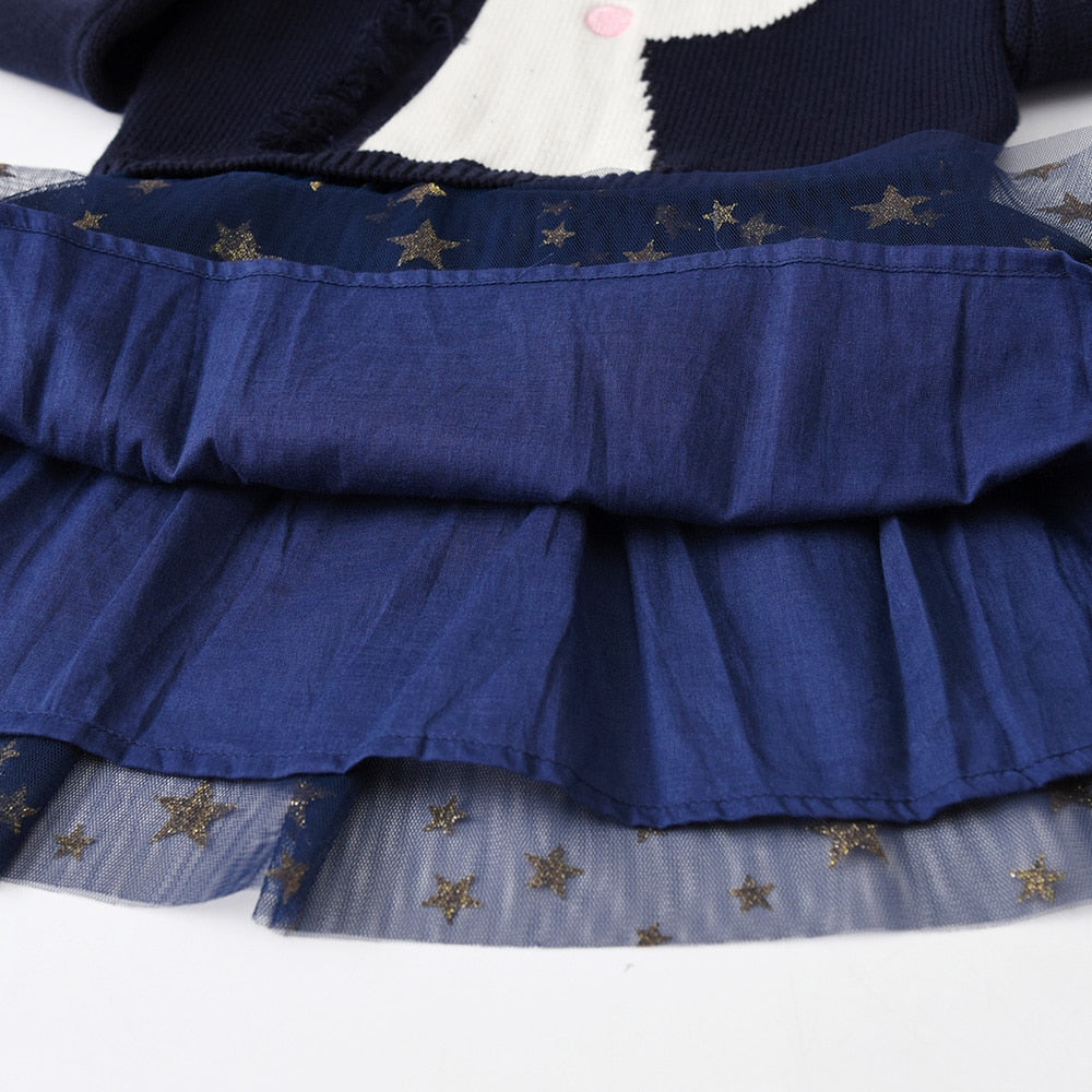 Cartoon Unicorn Star Printed Tulle Girl Toddler Long Sleeve Sweater Dress