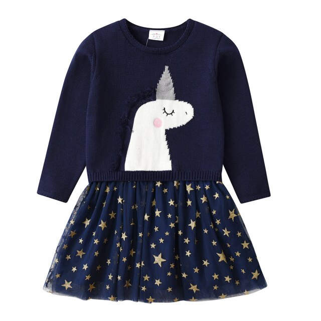 Cartoon Unicorn Star Printed Tulle Girl Toddler Long Sleeve Sweater Dress