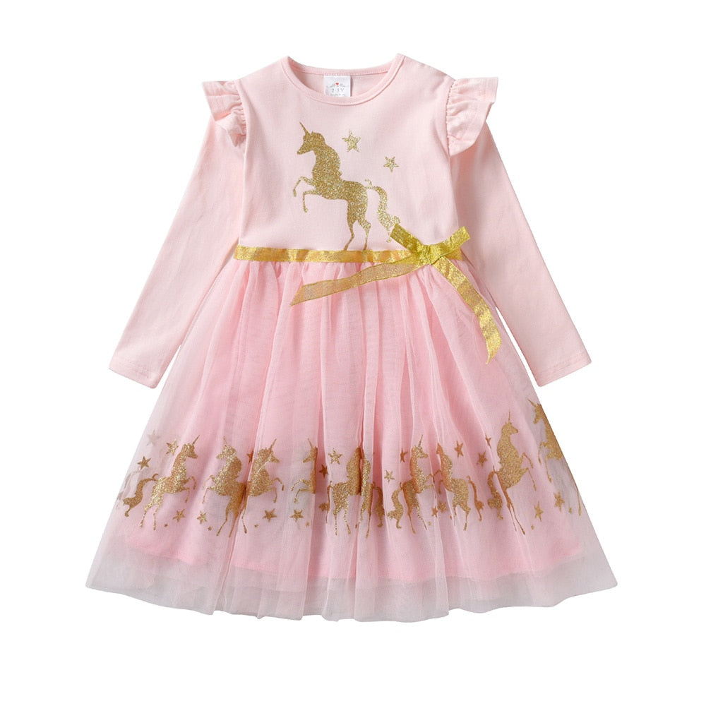 Glitter Unicorn Tutu Dresses Girl Toddler  Long Sleeve Christmas Birthday Party Dress