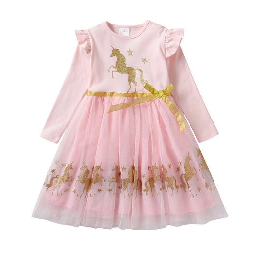 Glitter Unicorn Tutu Dresses Girl Toddler Long Sleeve Christmas Birthday Party Dress
