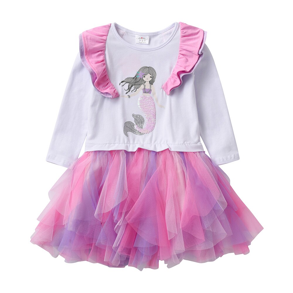 Cute Mermaid Sequined Irregular Tulle Girl Toddler Tutu Dress Long Sleeve Mesh Ball Gown Dess