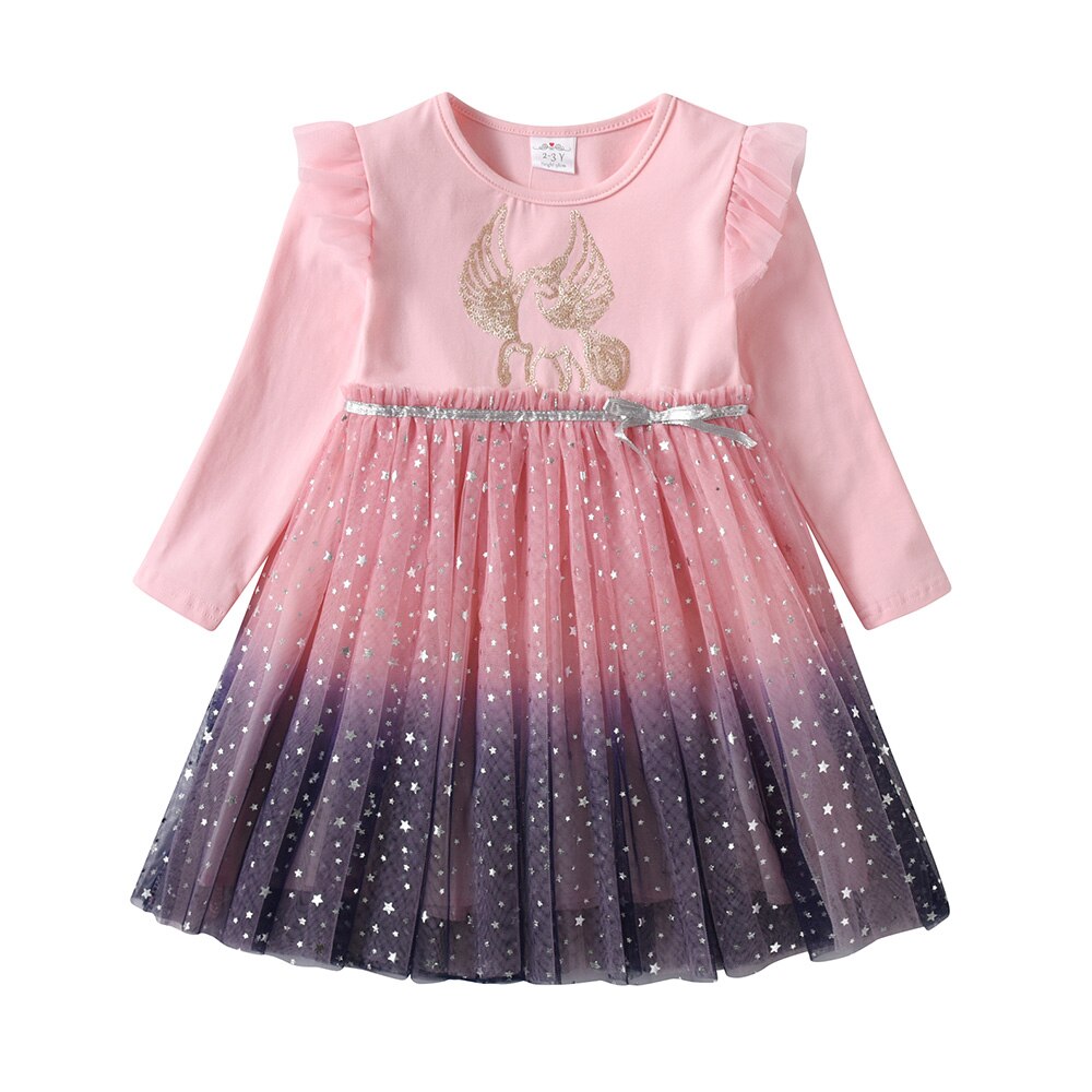 Unicorn Rabbit Cartoon Pattern Gradient Tulle Long Sleeve Girl Toddler Tutut Dress