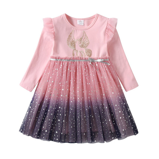 Unicorn Rabbit Cartoon Pattern Gradient Tulle Long Sleeve Girl Toddler Tutut Dress