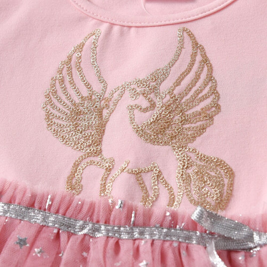 2Y-8Y Girls Casual Dress Pink Unicorn Sparkle Tulle Tutu Dress Toddler Short Sleeve Dress