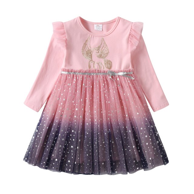 Unicorn Rabbit Cartoon Pattern Gradient Tulle Long Sleeve Girl Toddler Tutut Dress