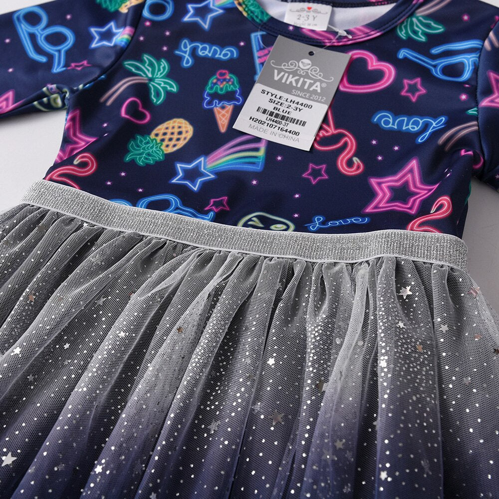Light Graffiti Pattern Starry Sky Tulle Girl Toddler Party Prom Grown Dress