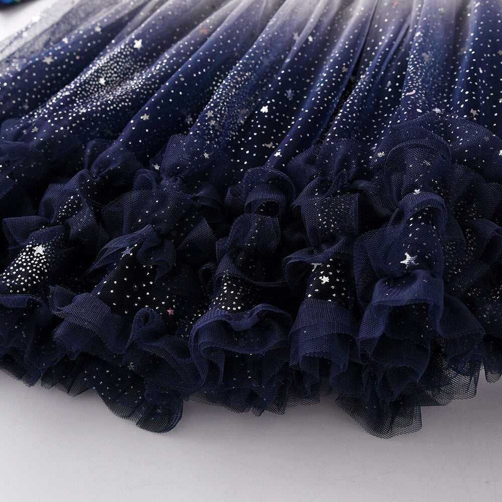 Light Graffiti Pattern Starry Sky Tulle Girl Toddler Party Prom Grown Dress