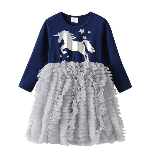 Unicorn Printed Layered Cake Tulle Girl Toddler Dresses Long Sleeve Party Wedding Brithday Dress