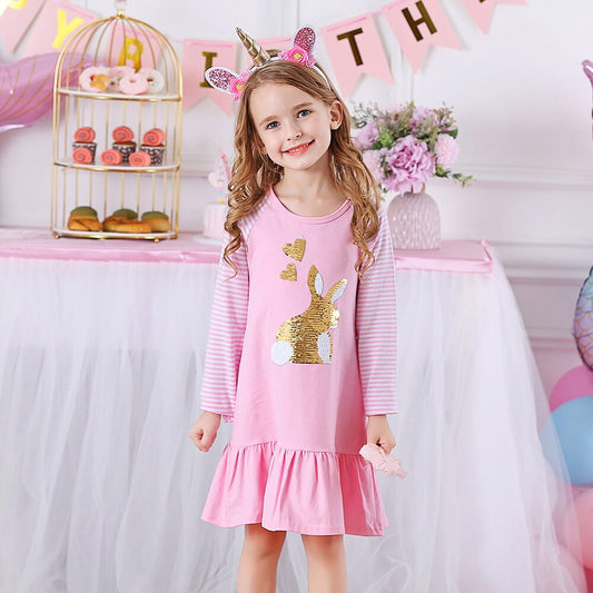 Rabbit Sequined Stripe Long Sleeve Ruffles Dress Girl Toddler Dress