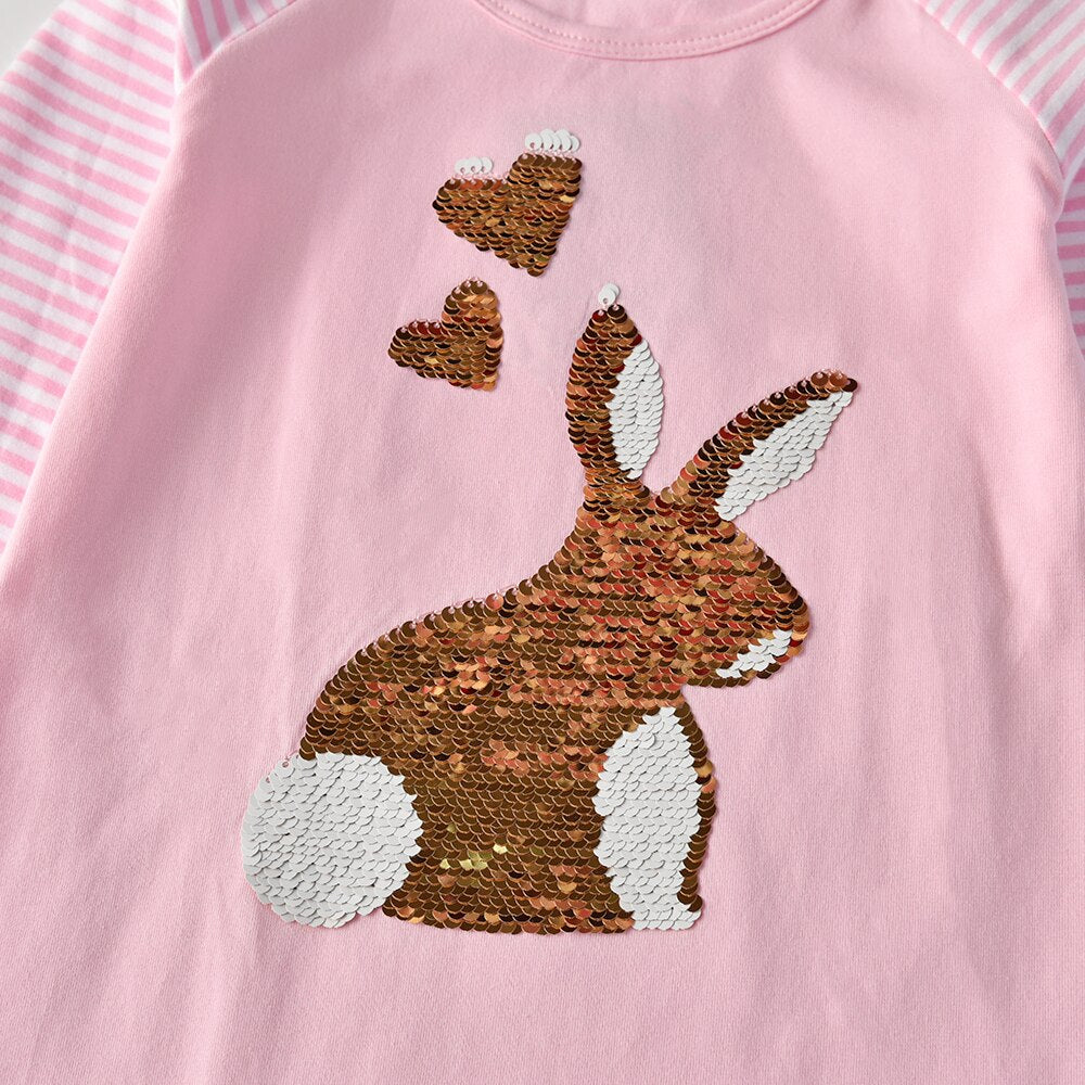 Rabbit Sequined Stripe Long Sleeve Ruffles Dress Girl Toddler Dress