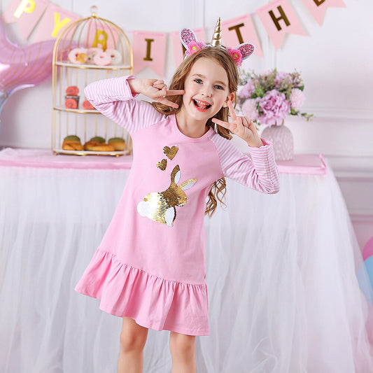 Rabbit Sequined Stripe Long Sleeve Ruffles Dress Girl Toddler Dress