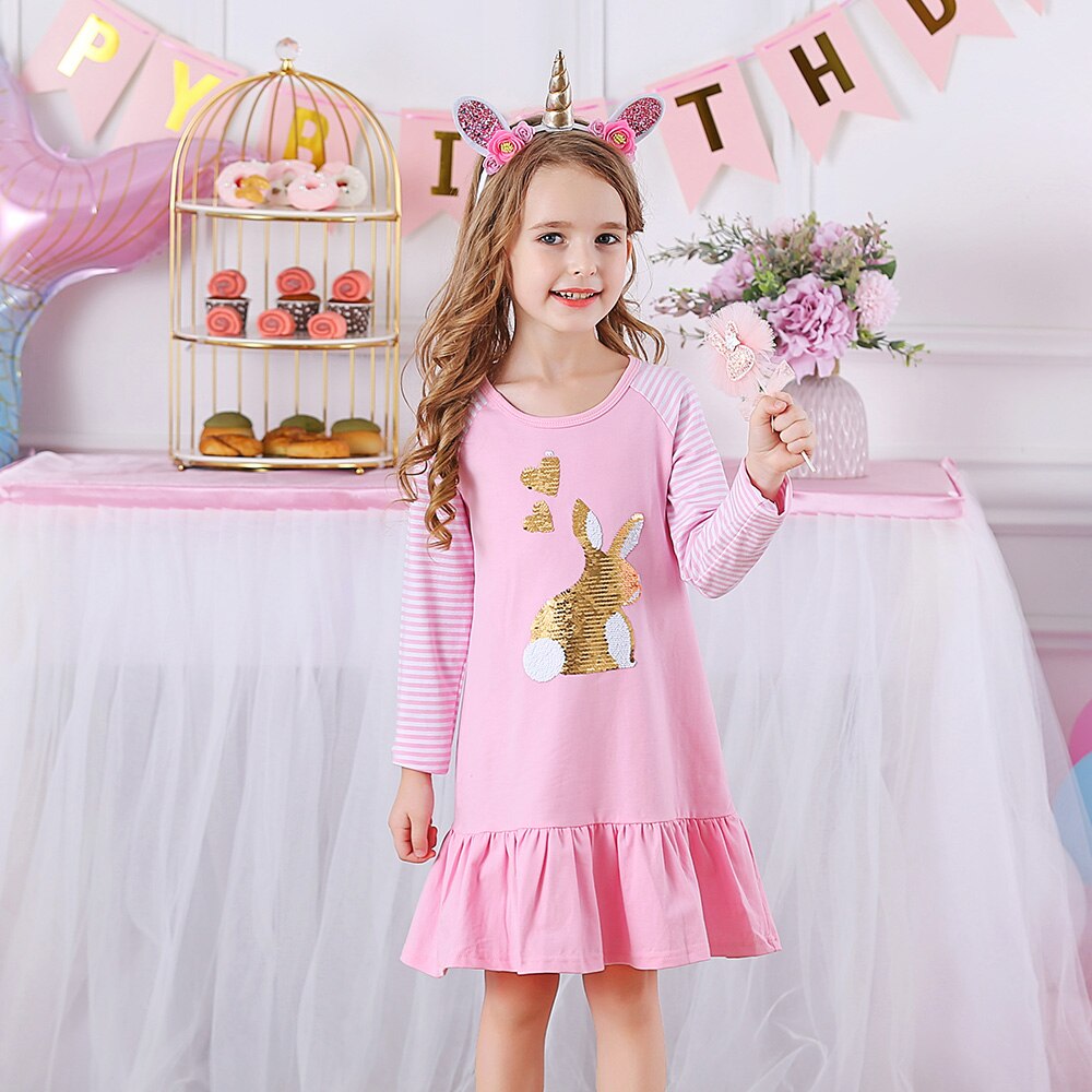 Rabbit Sequined Stripe Long Sleeve Ruffles Dress Girl Toddler Dress