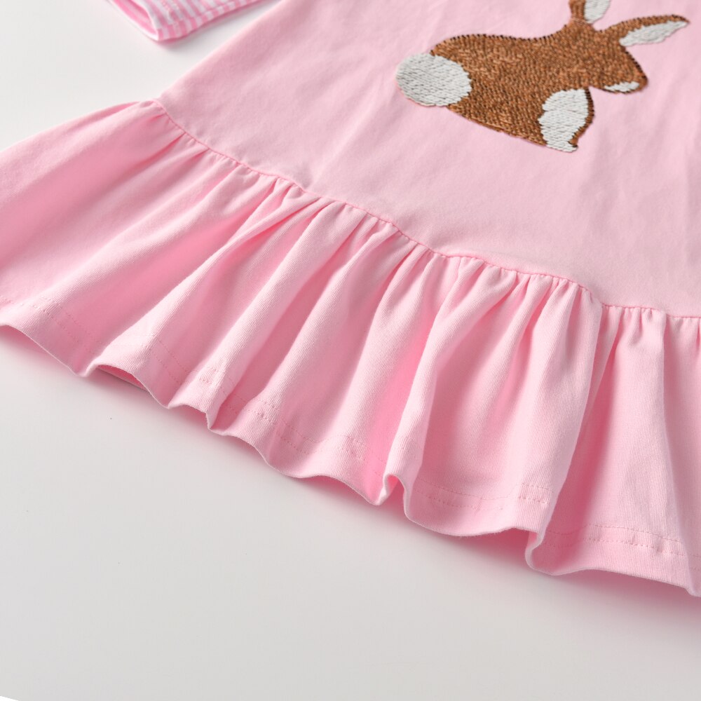 Rabbit Sequined Stripe Long Sleeve Ruffles Dress Girl Toddler Dress
