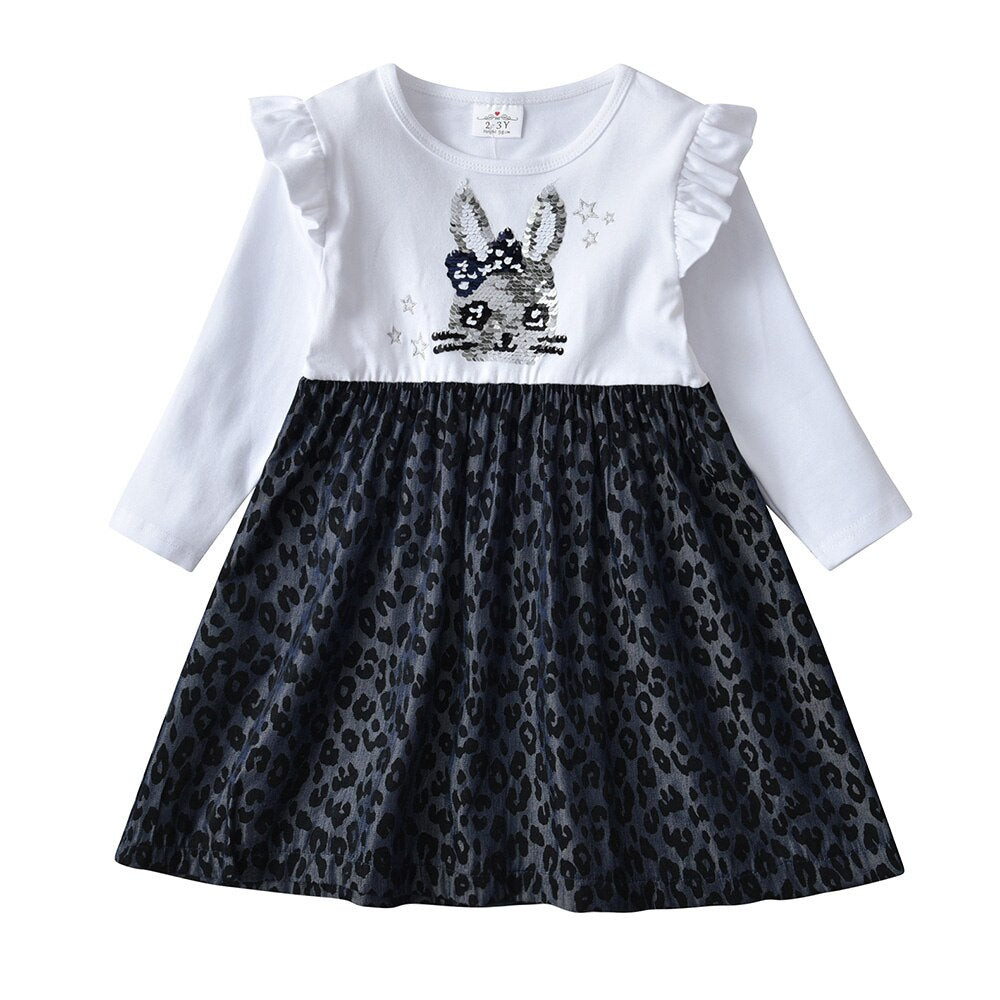 Rabbit Sequined Leopard Print Girl Toddler Cotton Long Sleeve Cotton Dresses