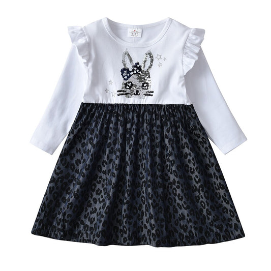 Rabbit Sequined Leopard Print Girl Toddler Cotton Long Sleeve Cotton Dresses