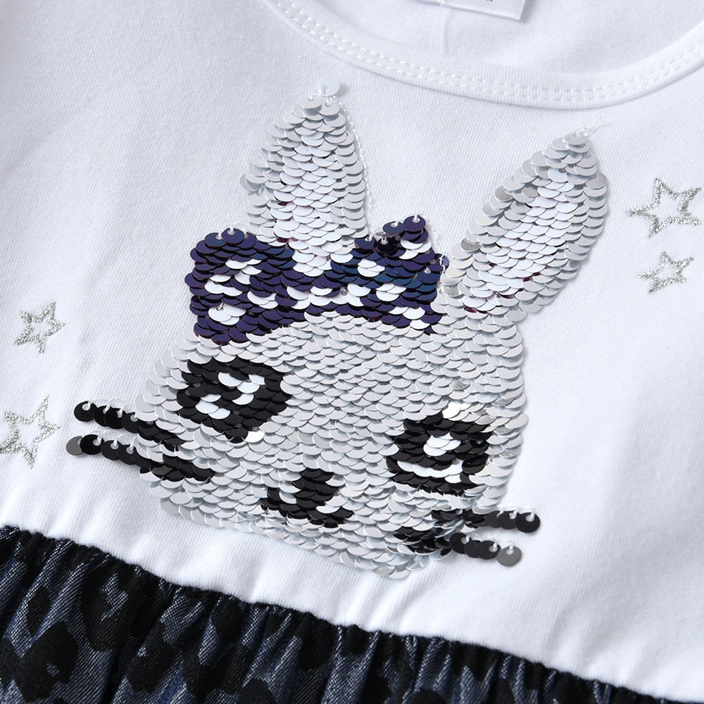 Rabbit Sequined Leopard Print Girl Toddler Cotton Long Sleeve Cotton Dresses