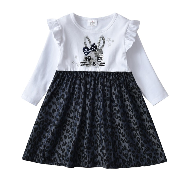 Rabbit Sequined Leopard Print Girl Toddler Cotton Long Sleeve Cotton Dresses