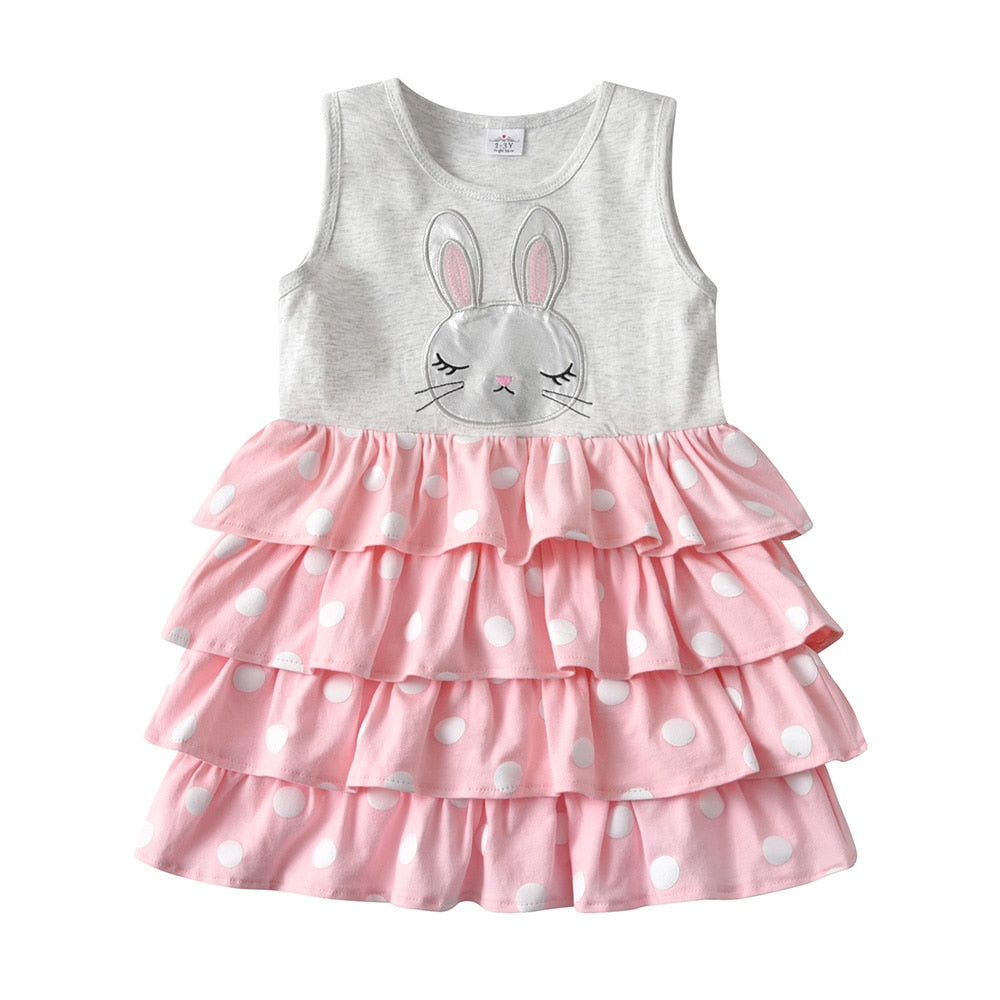 2Y-8Y Girls Summer Dress Rabbit Cartoon Print Cotton Dress Layer Cake Sleeveless Girls Toddler Dress