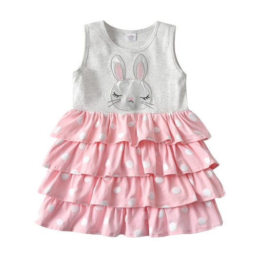 2Y-8Y Girls Summer Dress Rabbit Cartoon Print Cotton Dress Layer Cake Sleeveless Girls Toddler Dress