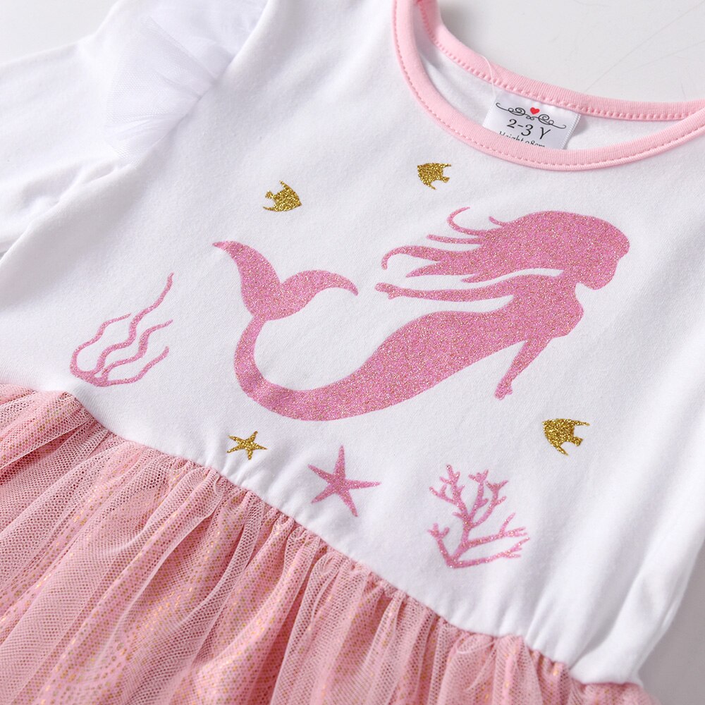 Mermaid Pattern Ruffle Dress Pink Girl Toddler Long Sleeve Dress for 3-8T