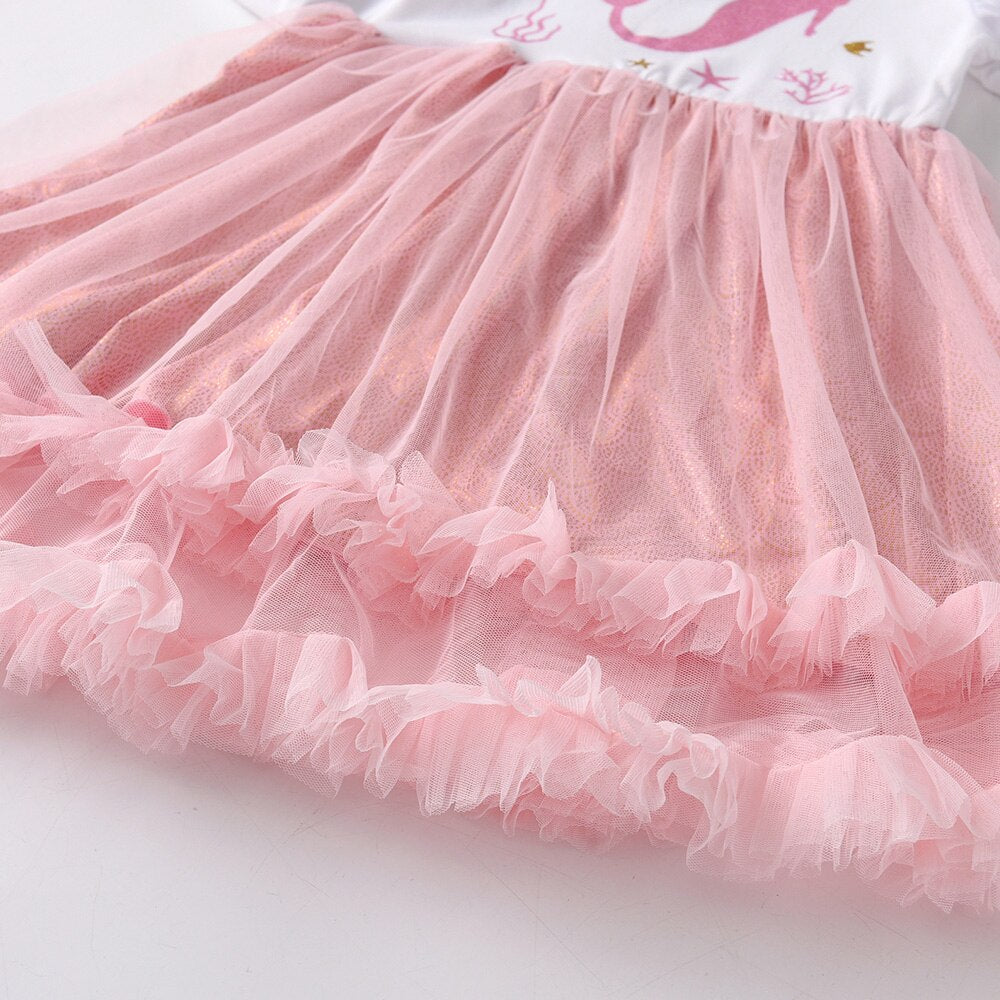 Mermaid Pattern Ruffle Dress Pink Girl Toddler Long Sleeve Dress for 3-8T