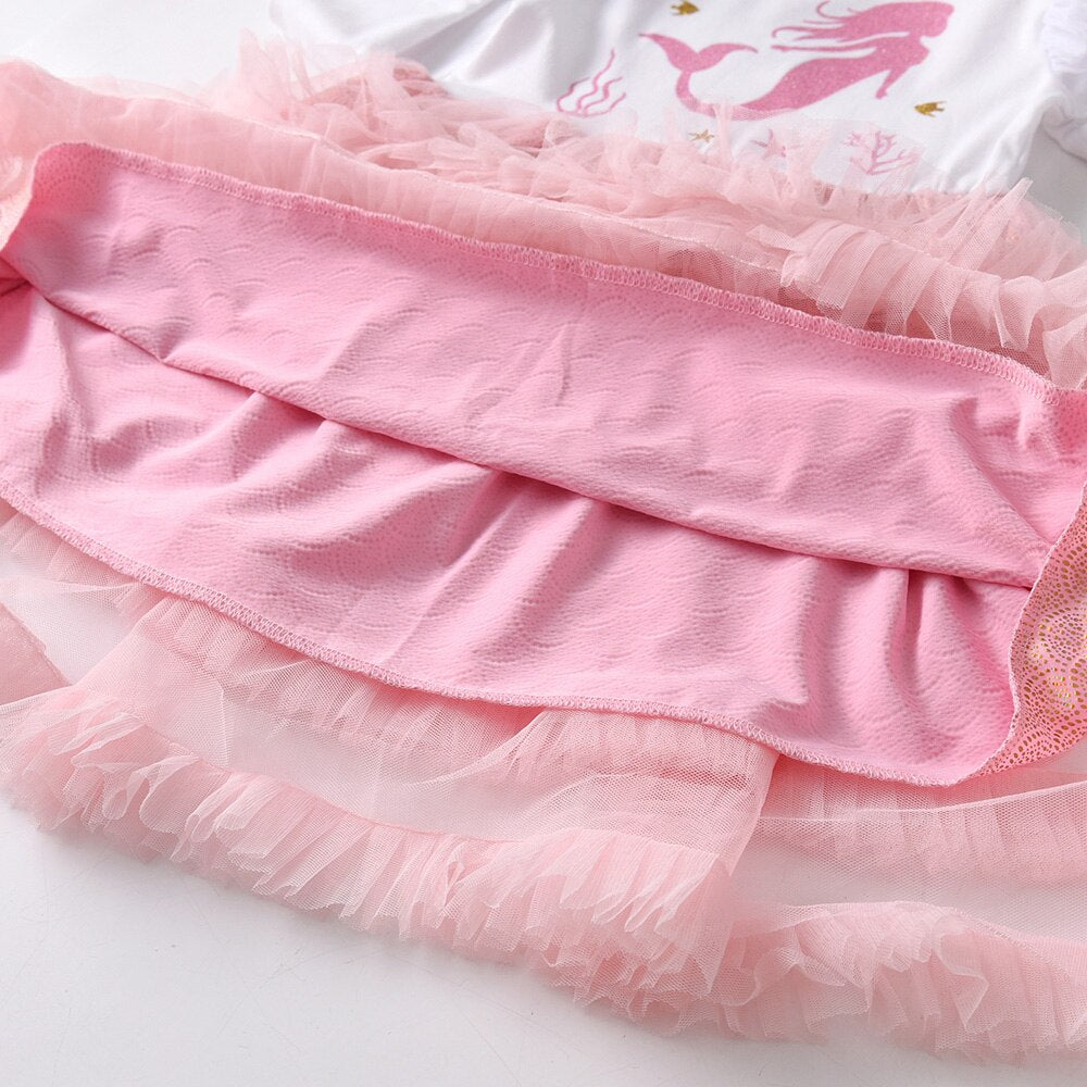 Mermaid Pattern Ruffle Dress Pink Girl Toddler Long Sleeve Dress for 3-8T