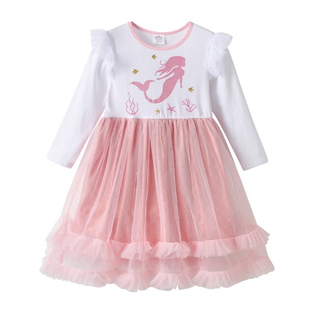 Mermaid Pattern Ruffle Dress Pink Girl Toddler Long Sleeve Dress for 3-8T