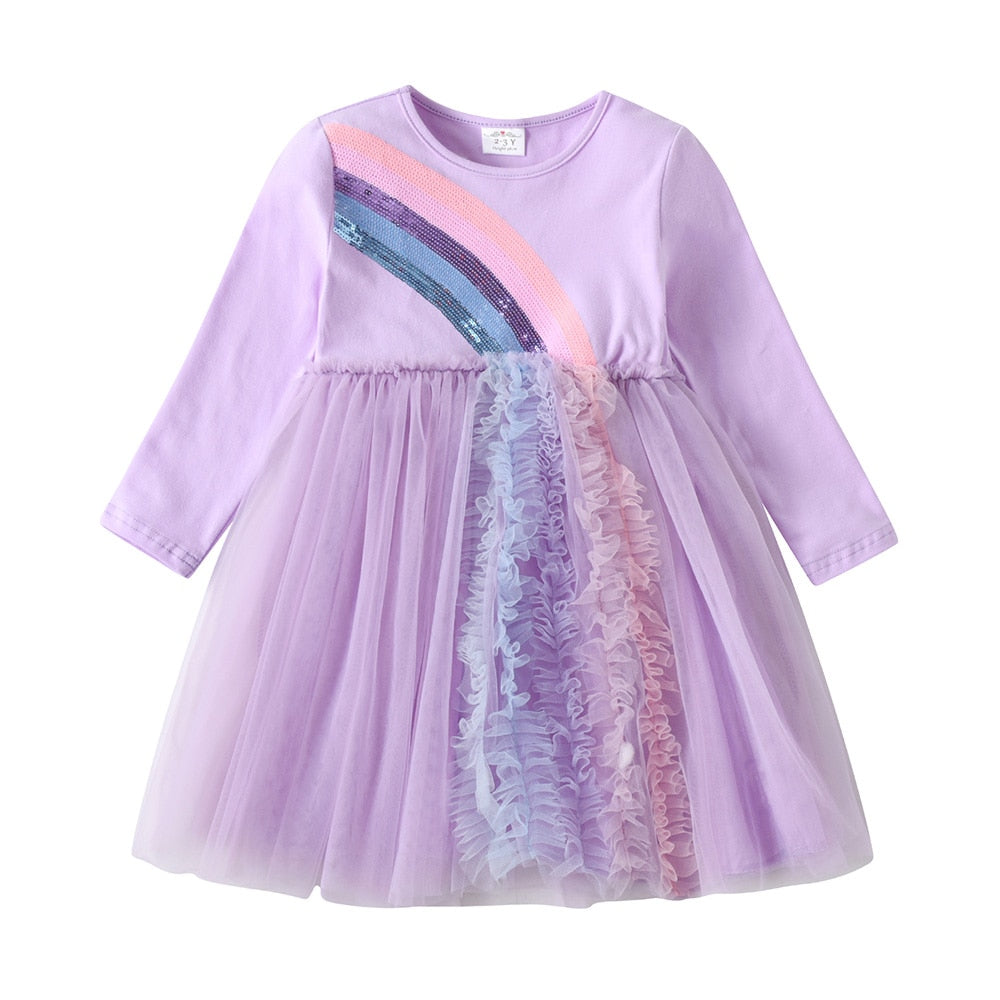 Rainbow Sequined Purple Ruffle Long Sleeve Toddler Dress
