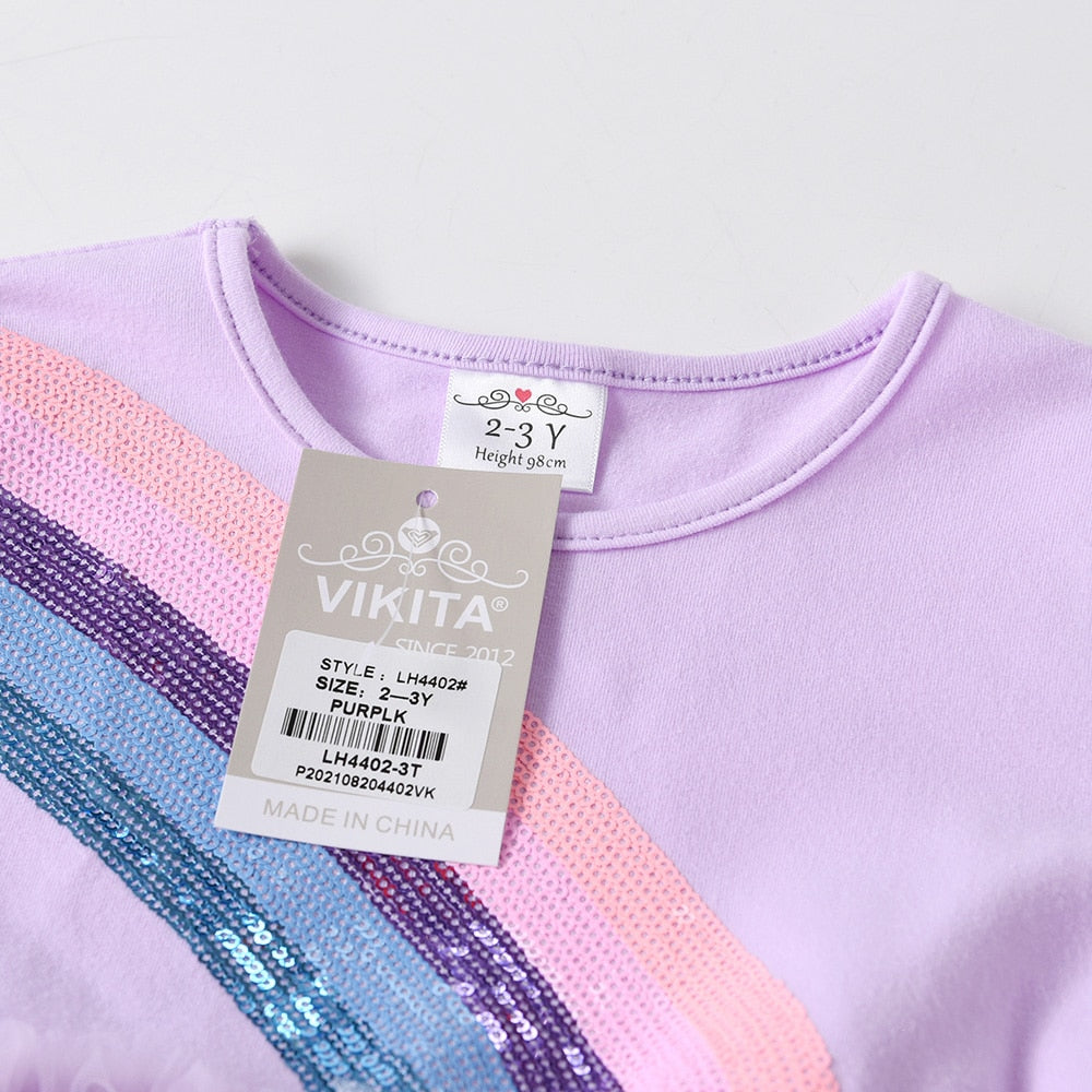 Rainbow Sequined Purple Ruffle Long Sleeve Toddler Dress