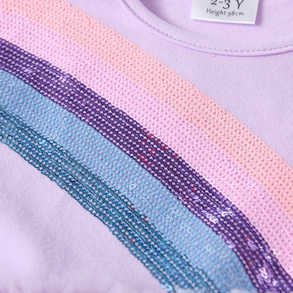 Rainbow Sequined Purple Ruffle Long Sleeve Toddler Dress
