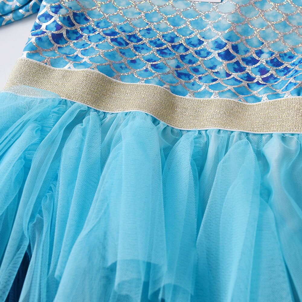 Blue Mermaid Princess Party Long Sleeve Toddler Girl Tutu Dress