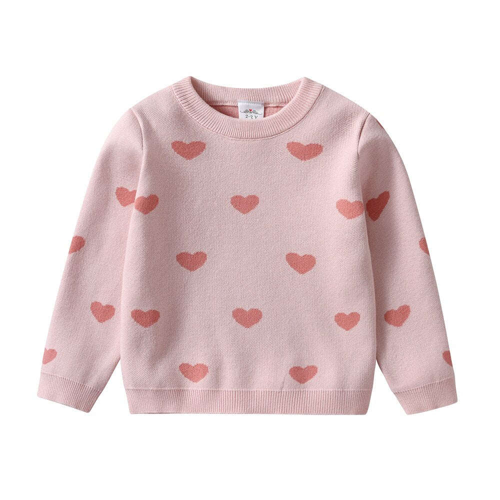 Love Heart Print Pink Girl Toddler Winter Sweater Knitted Pullover for 3-8T