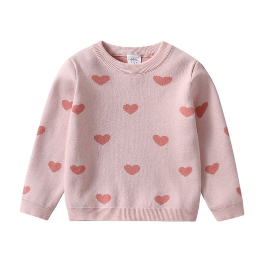 Love Heart Print Pink Girl Toddler Winter Sweater Knitted Pullover for 3-8T