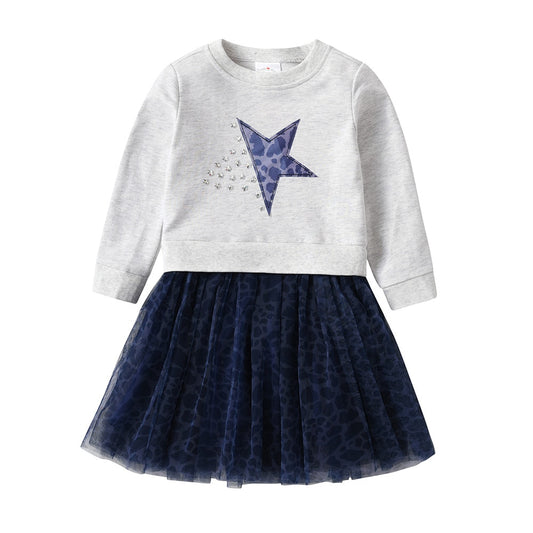 Star Print Gathered Tulle Sweater Dress Girl Toddler Winter Long Sleeve Dress