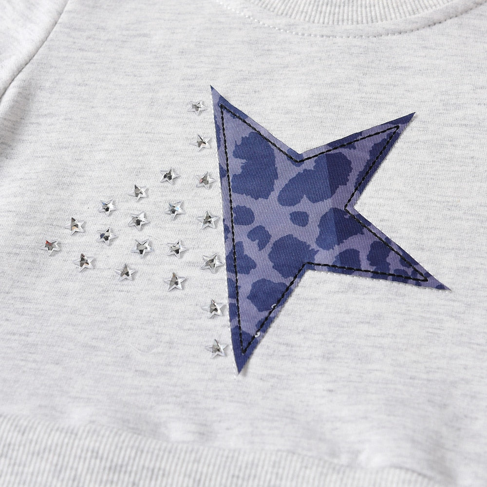 Star Print Gathered Tulle Sweater Dress Girl Toddler Winter Long Sleeve Dress