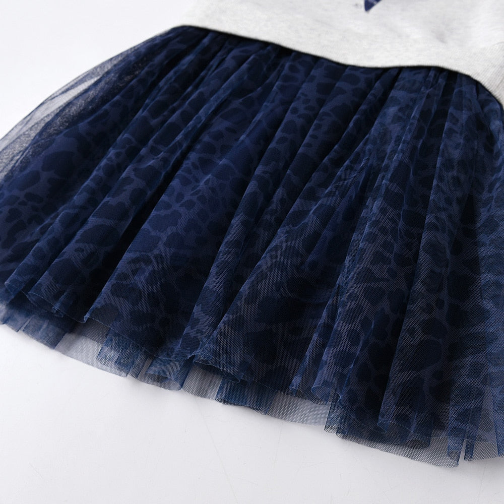 Star Print Gathered Tulle Sweater Dress Girl Toddler Winter Long Sleeve Dress