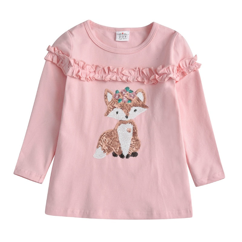 Sequins Fox Cotton Long Slevee T-Shirt and Star Leggings Pants Girl Toddler Clothing Sets