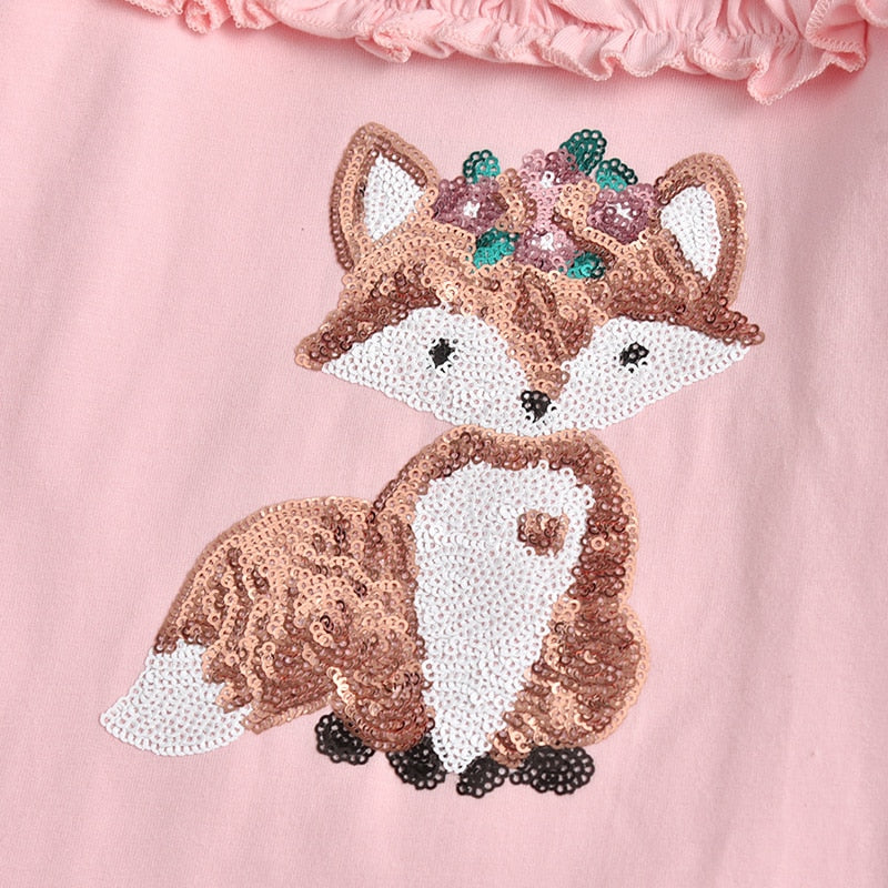Sequins Fox Cotton Long Slevee T-Shirt and Star Leggings Pants Girl Toddler Clothing Sets