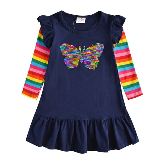 Sequins Butterfly Cotton Jumper Dress and Rainbow Striped Pants Girl Clothing Sets