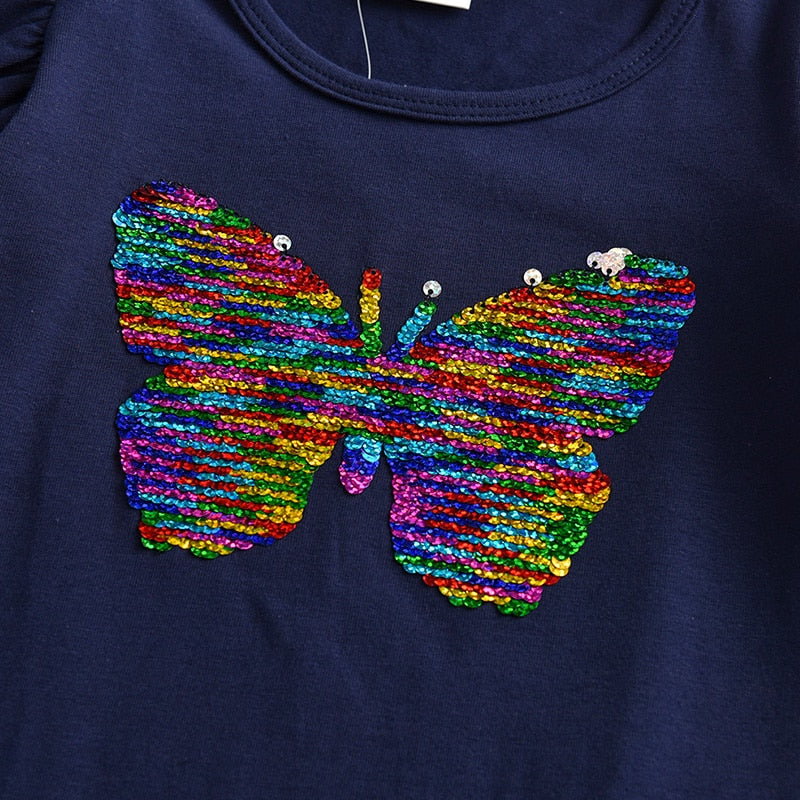 Sequins Butterfly Cotton Jumper Dress and Rainbow Striped Pants Girl Clothing Sets